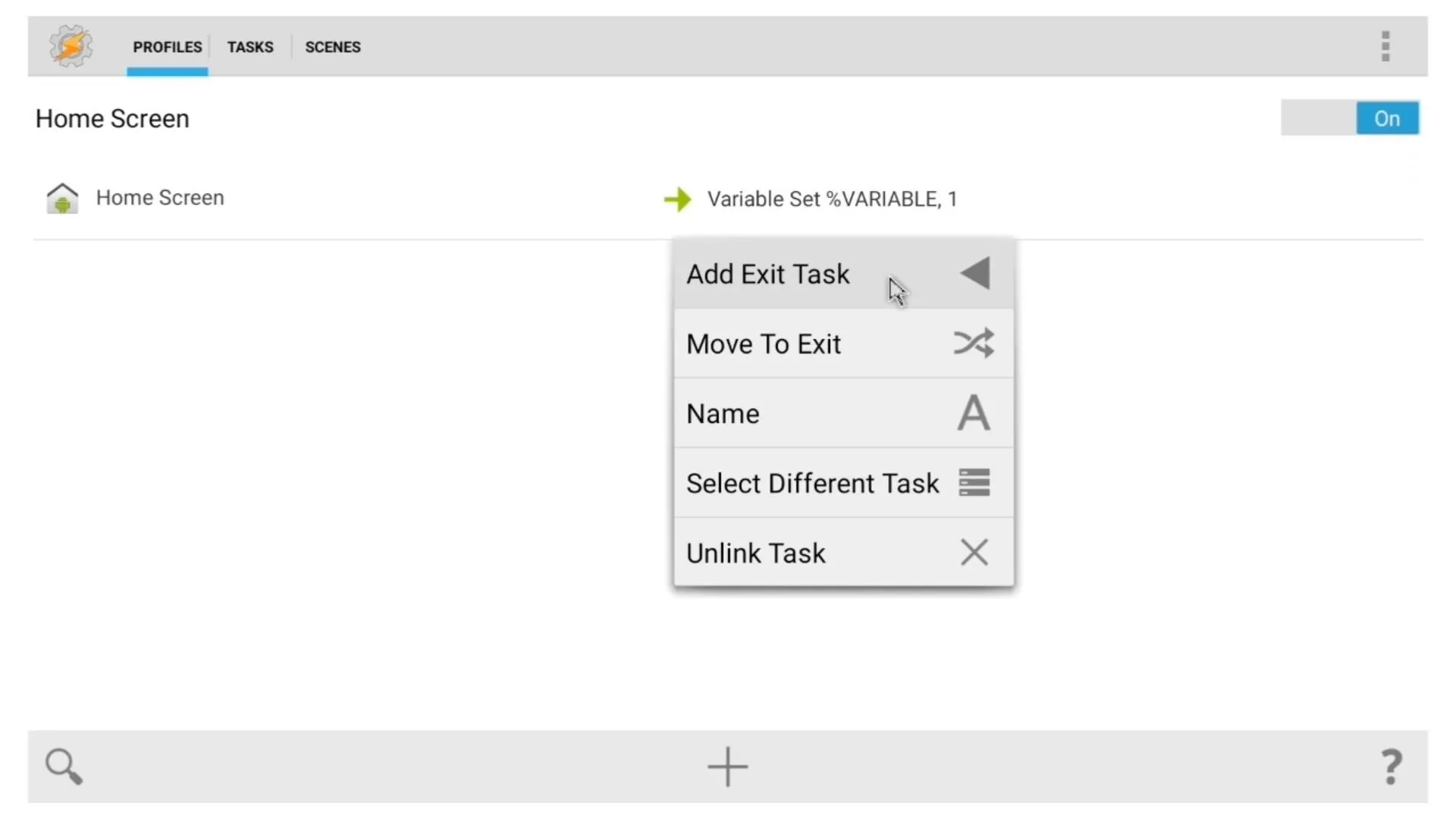 Home screen interface with task management options.