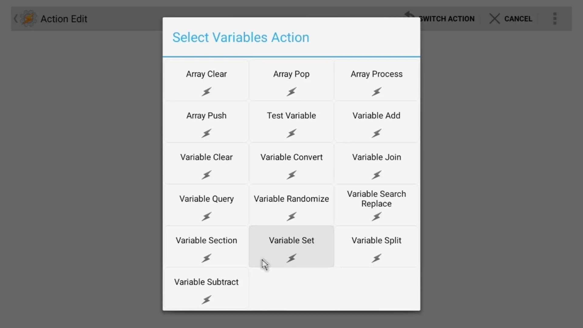 User interface showing options for selecting variable actions in a software application.