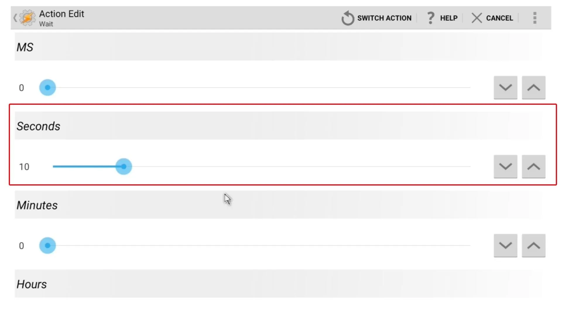 Slider interface for adjusting time settings in seconds, minutes, and hours.