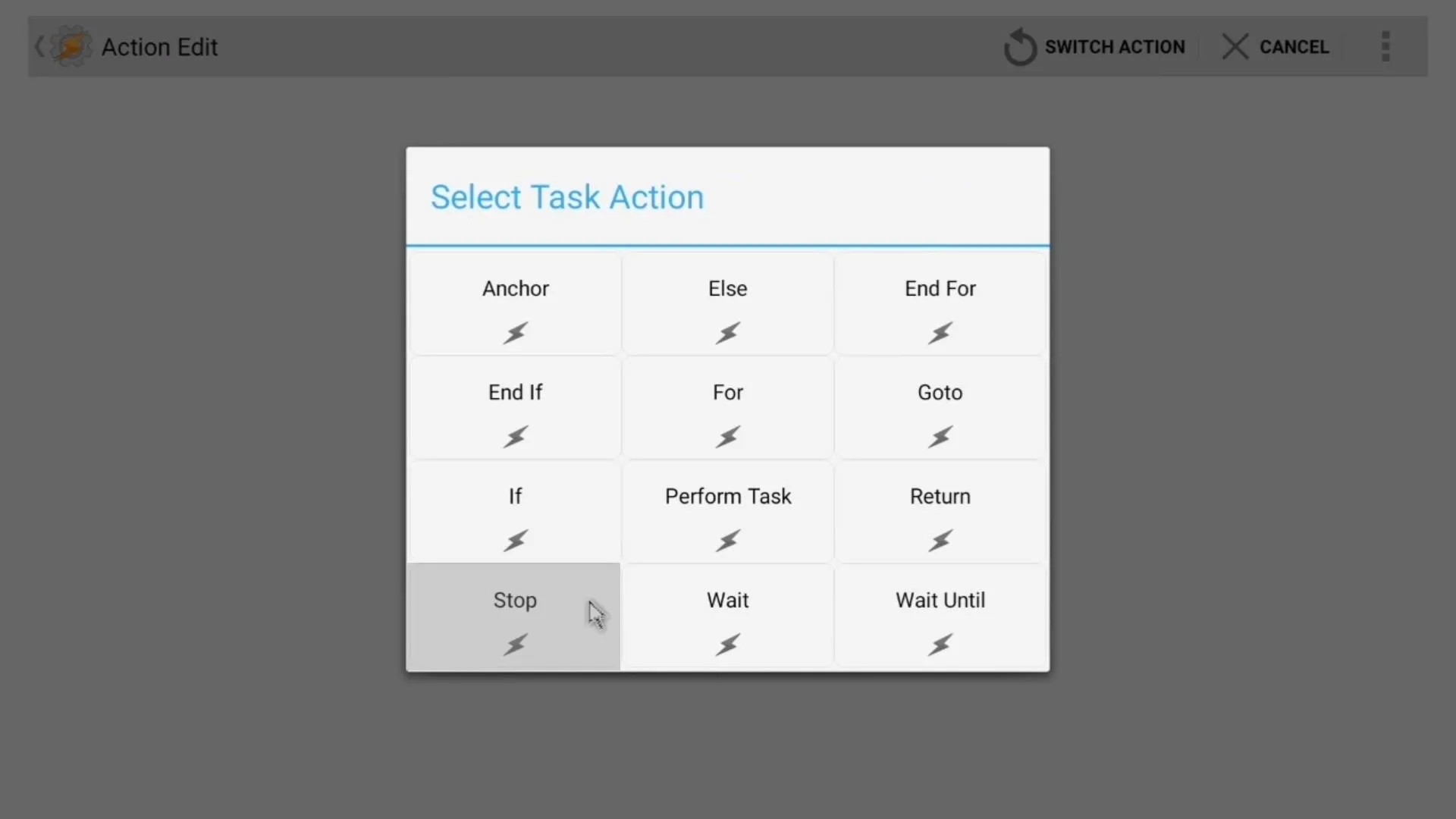 User interface showing task action selection options.