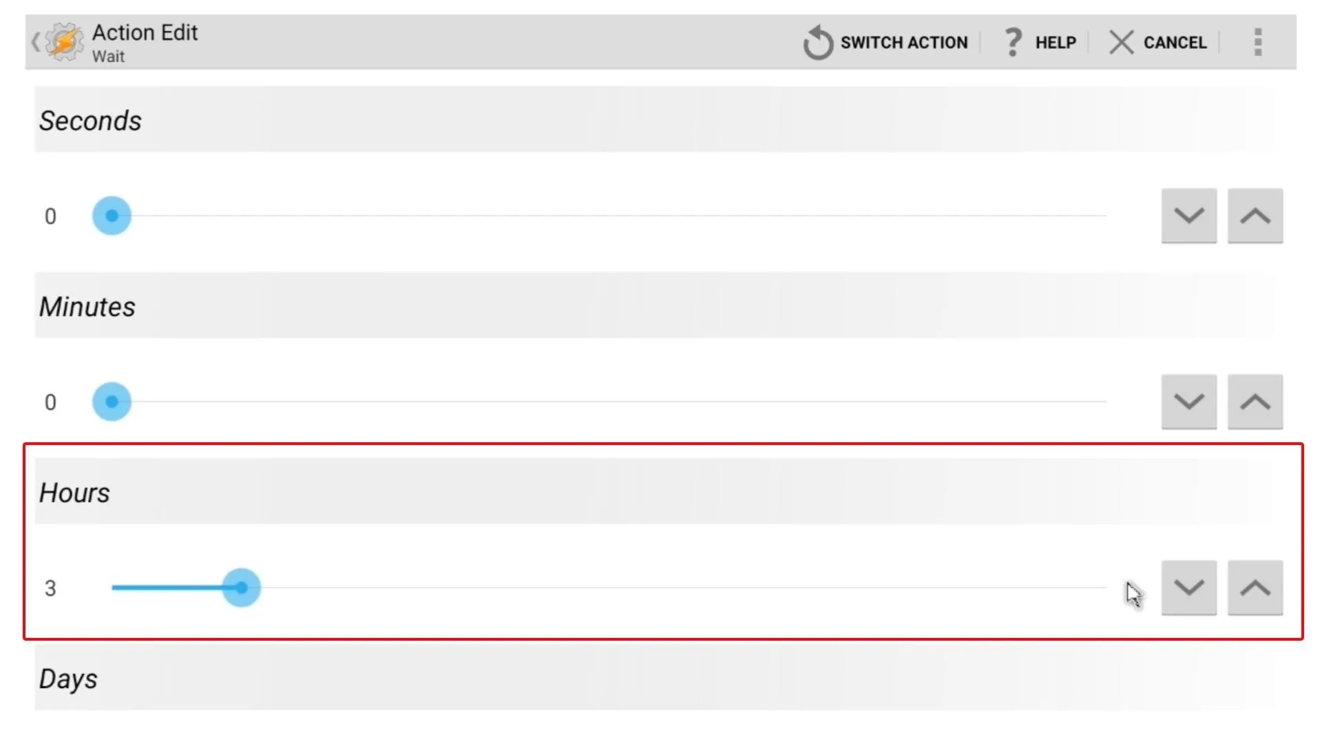 Time adjustment interface with hours slider.