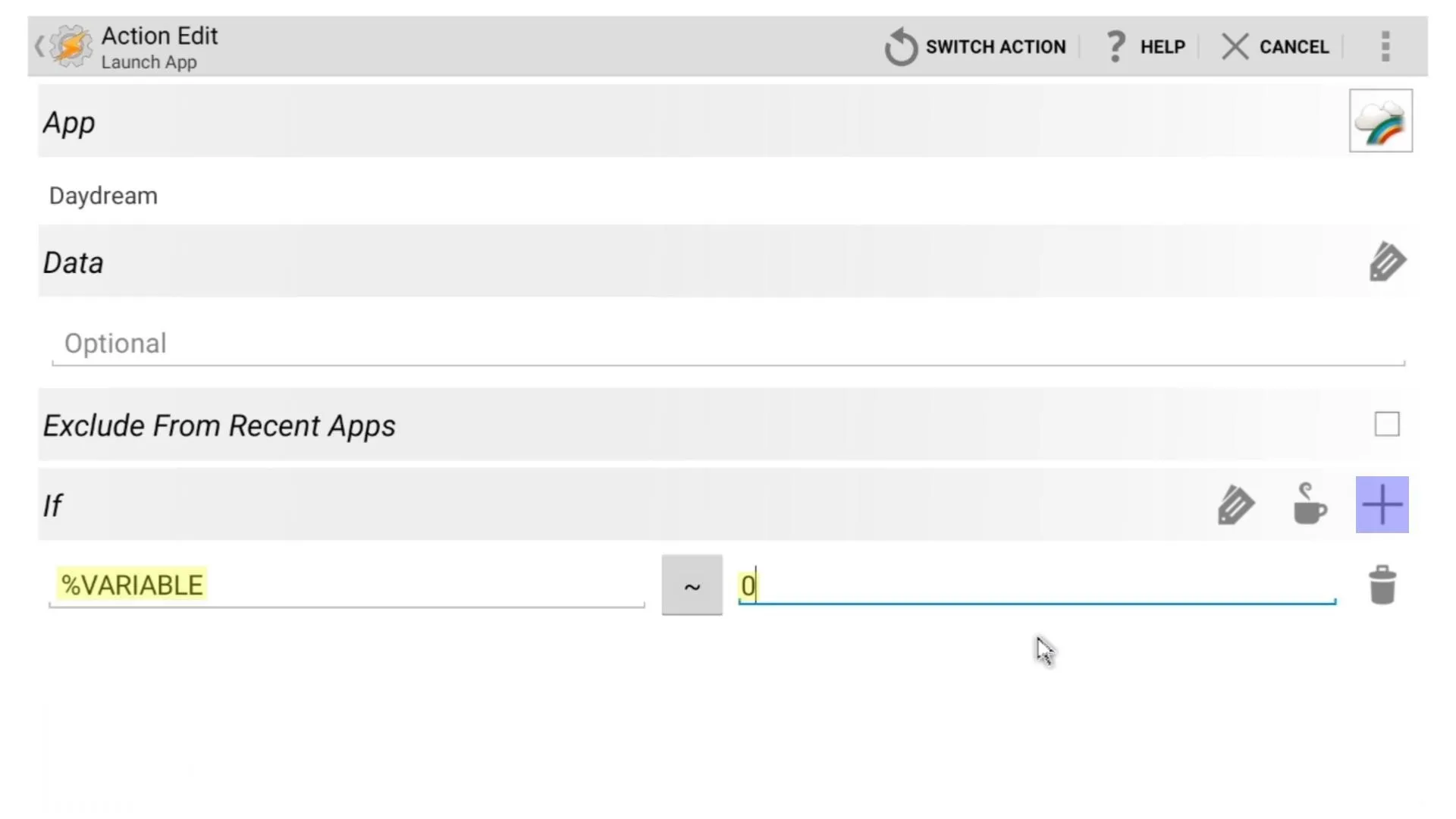 App action edit interface with fields for data input and exclusion options.