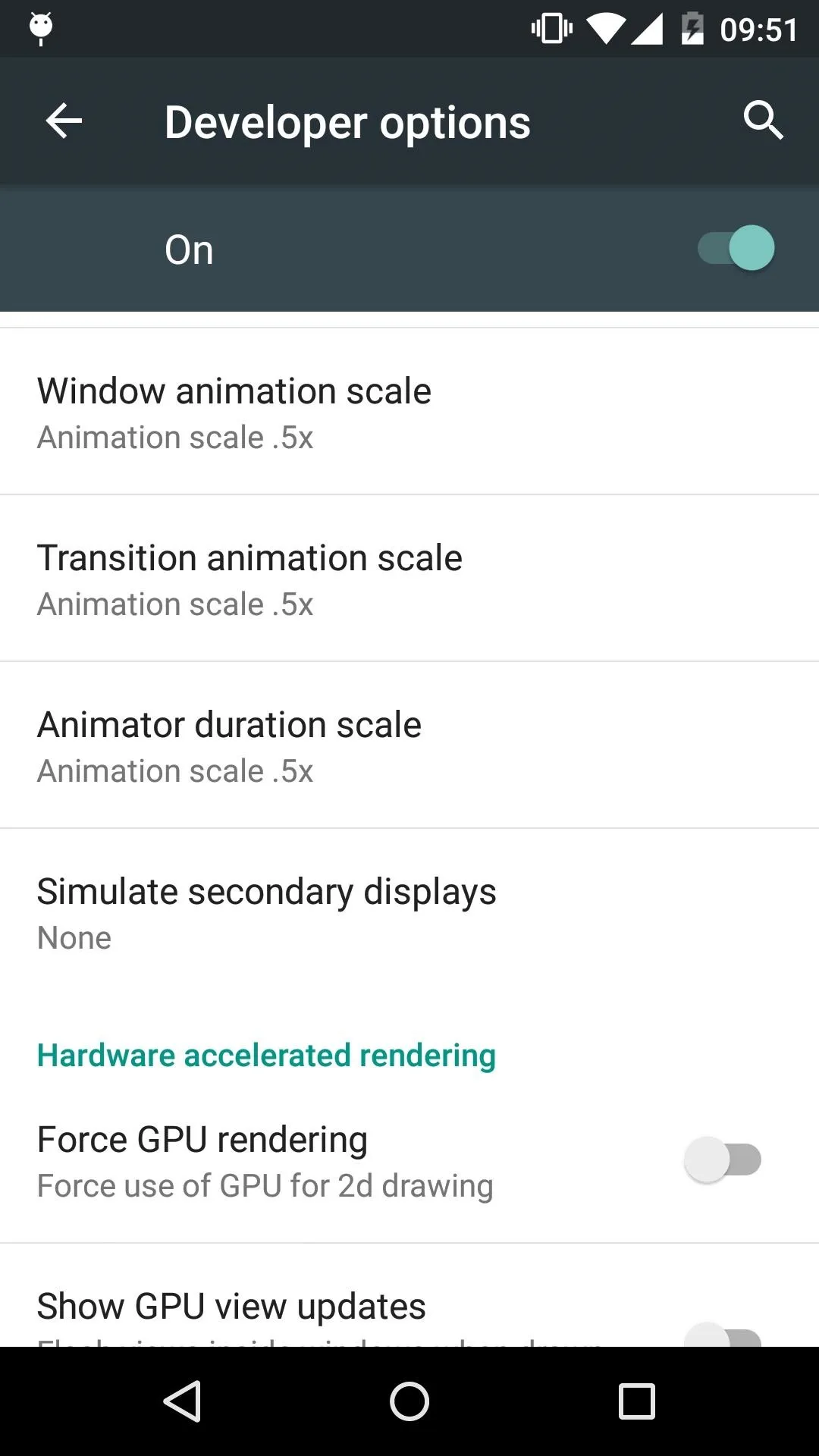 Developer options settings menu on a mobile device.