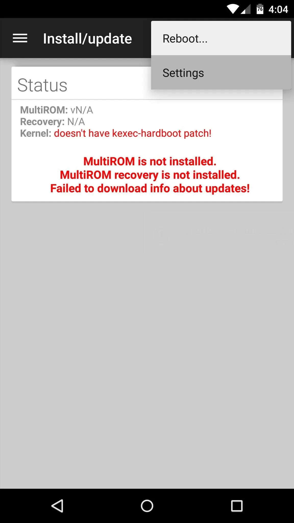 System update status screen indicating an issue with MultiROM recovery not being initiated.