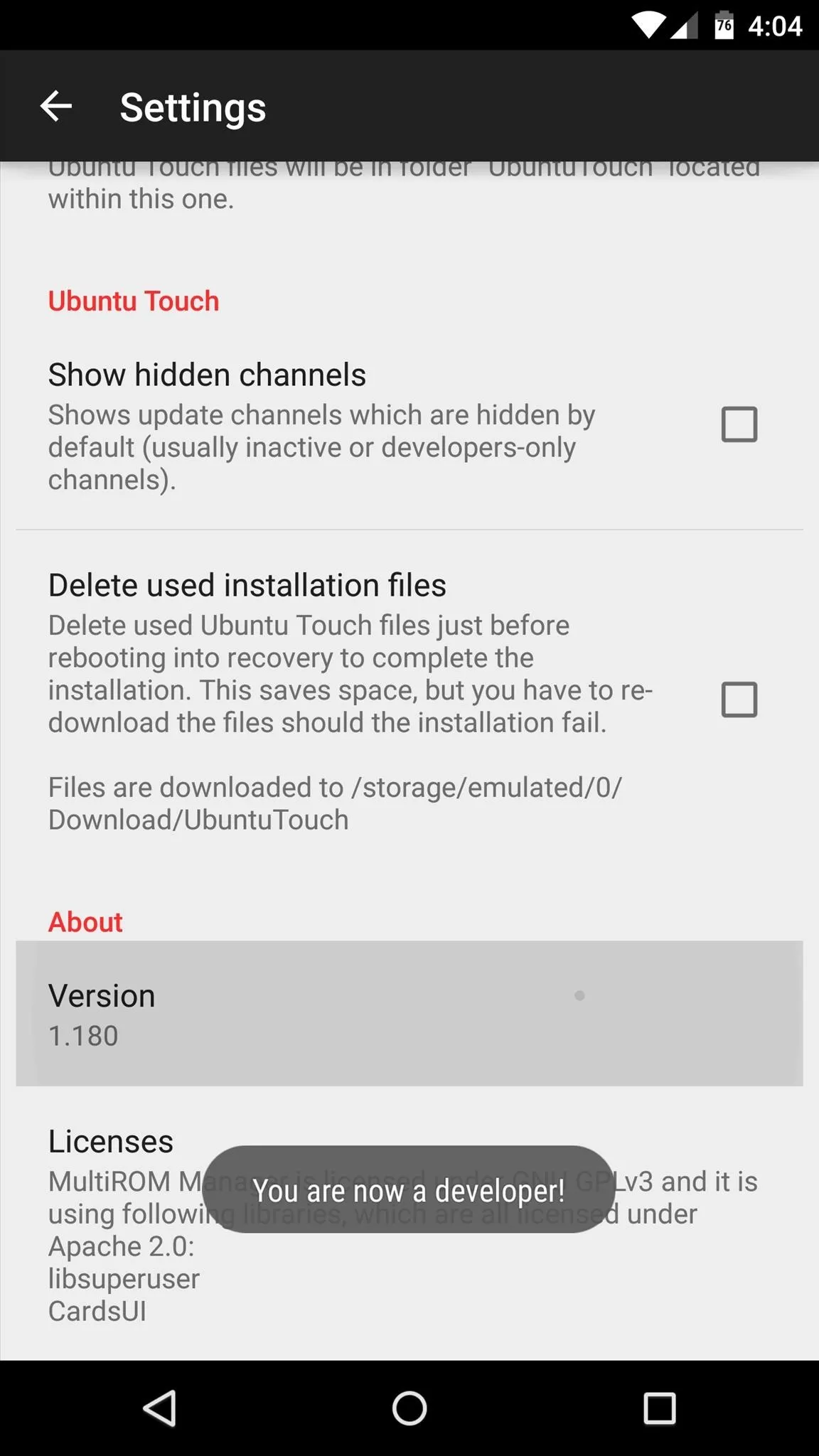 Settings menu on a mobile device displaying options for sharing visibility and file installation locations.