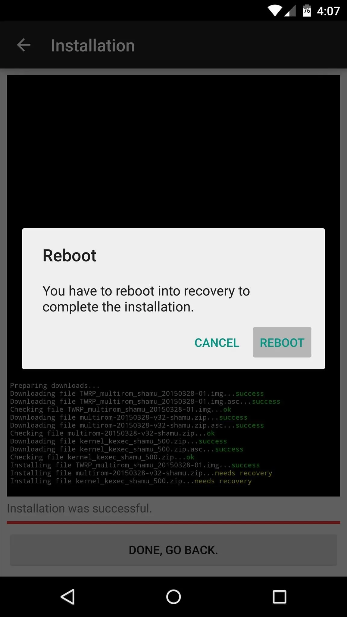 Error message indicating a required reboot to complete the installation process.