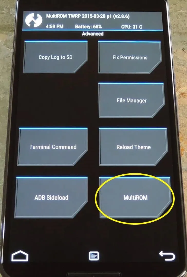 Recovery menu options displayed on a smartphone screen.