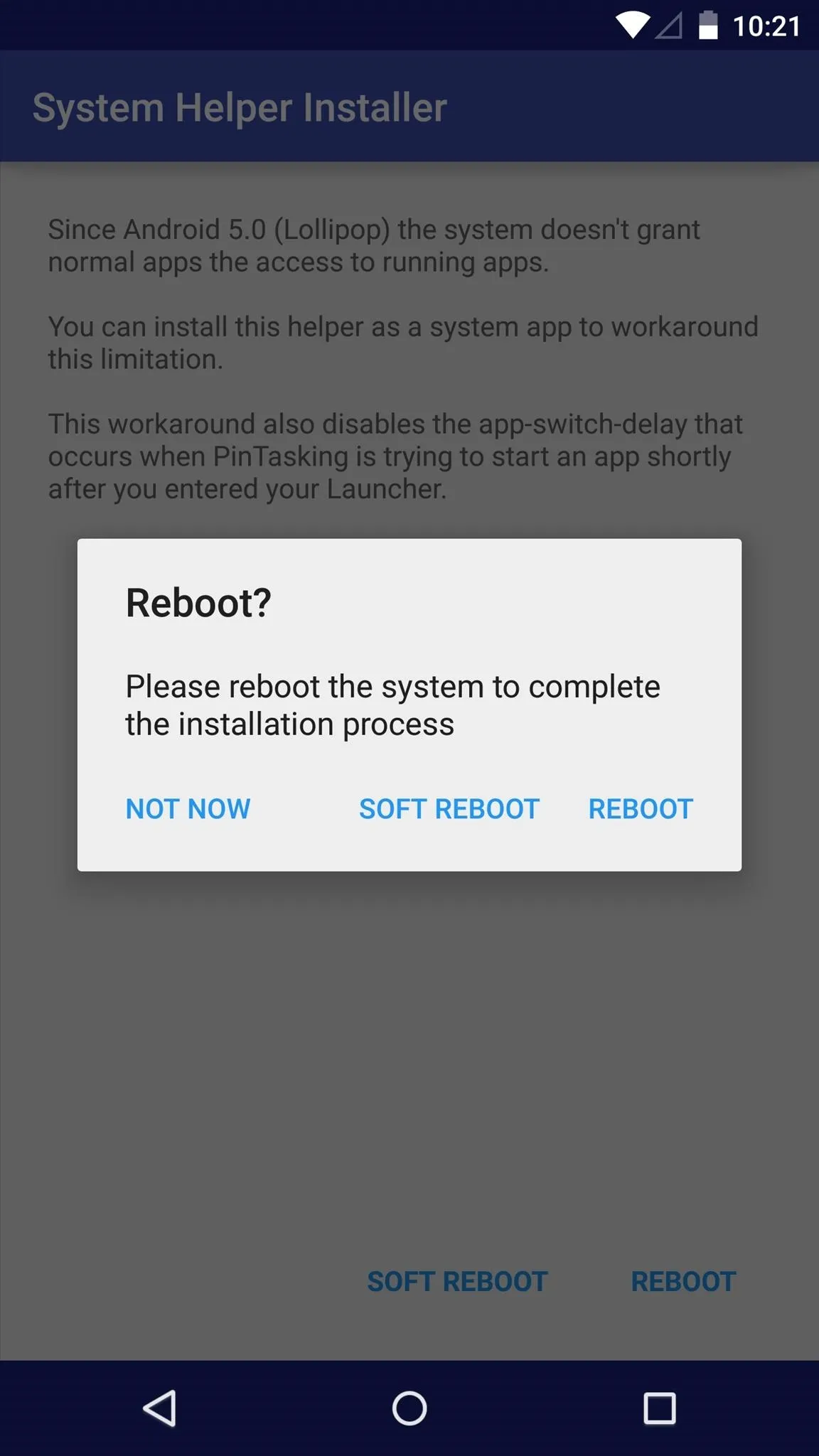 System installation prompt with options to "Not now," "Don't report," and "Reseed."