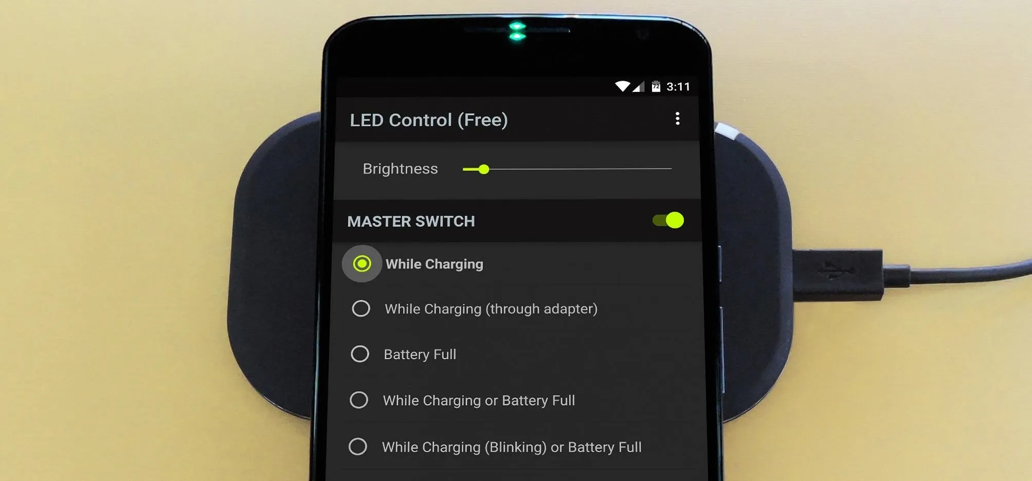 Mobile device screen displaying LED control settings and charging options.