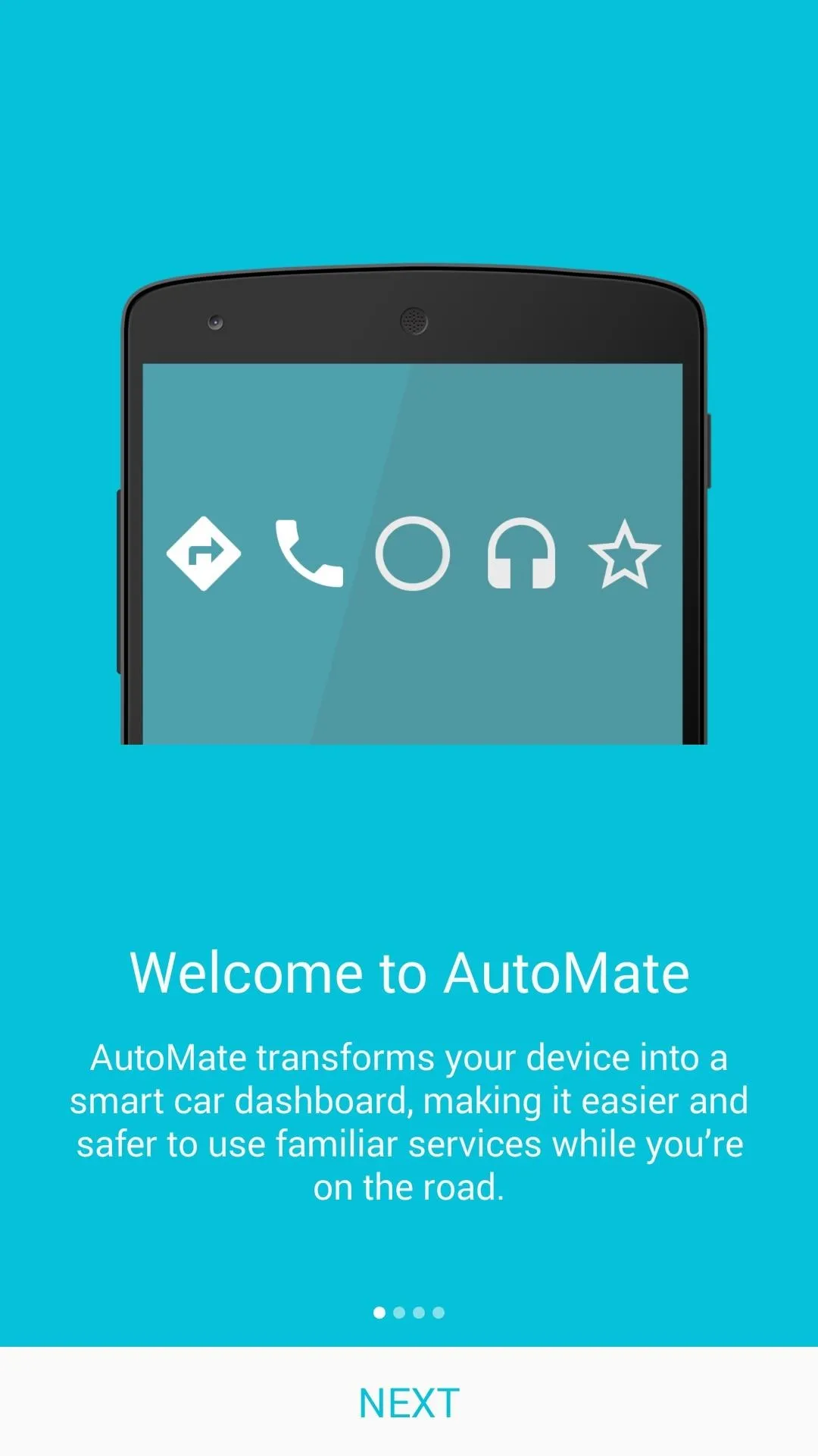 Welcome screen for the AutoMate app featuring icons and a smartphone.