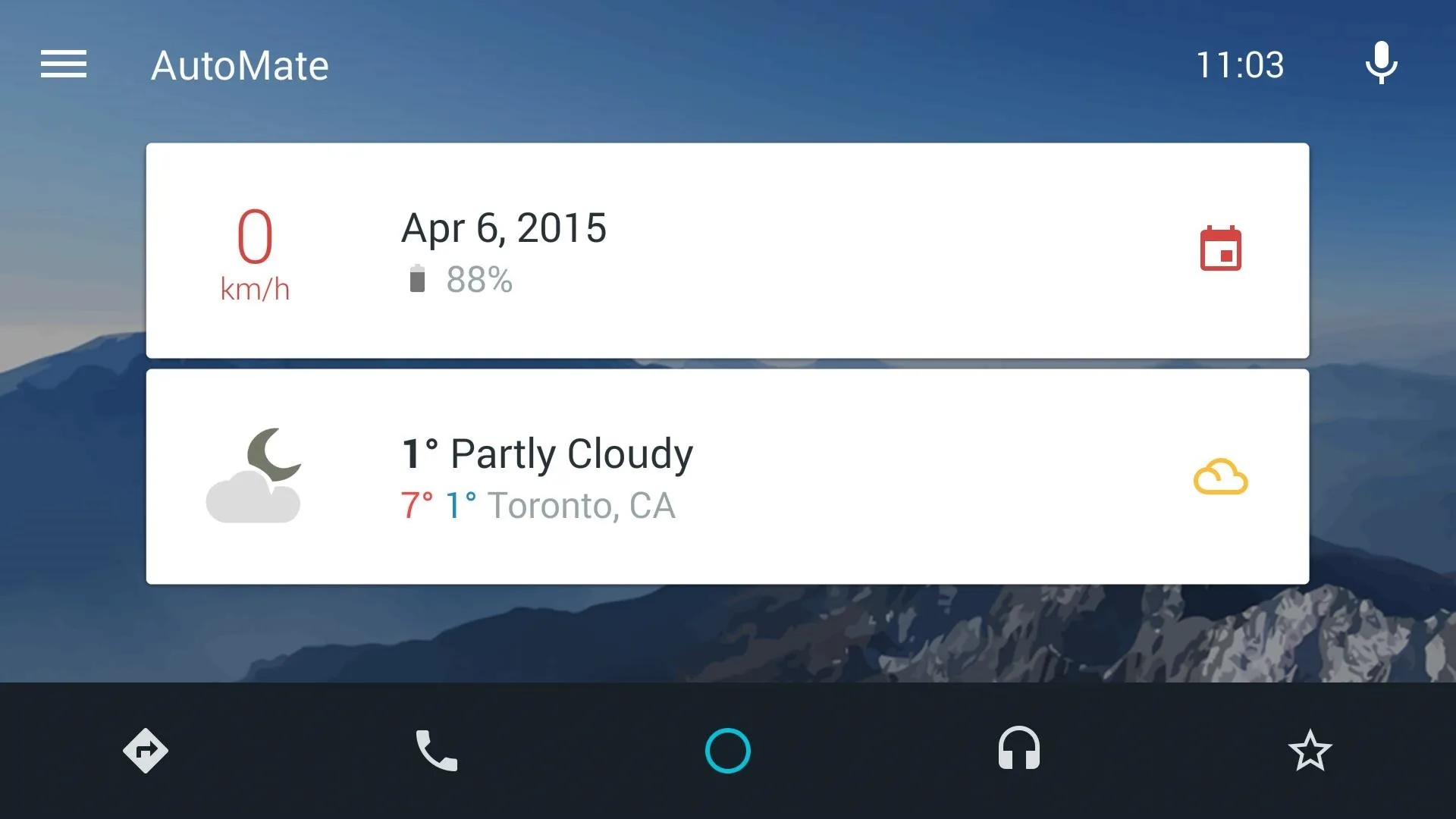 AutoMate interface displaying weather and date information: "1° Partly Cloudy, Toronto, CA, April 6, 2015."