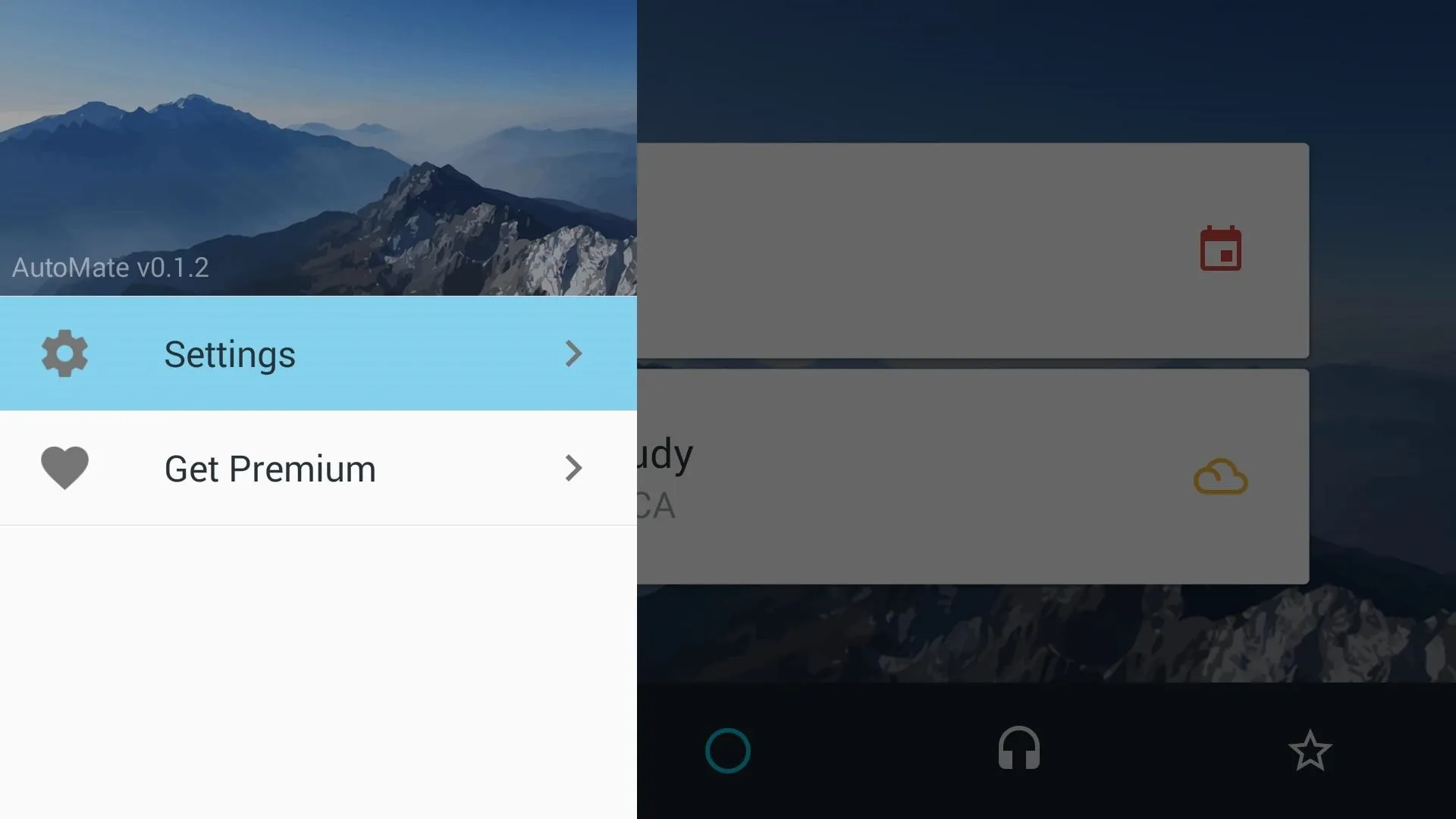 App interface showing settings menu and premium option.