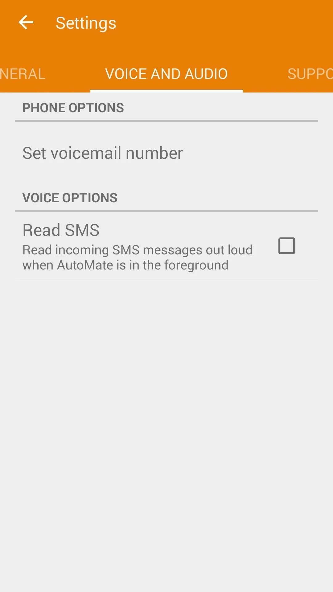 Phone settings interface displaying voicemail number and message options.