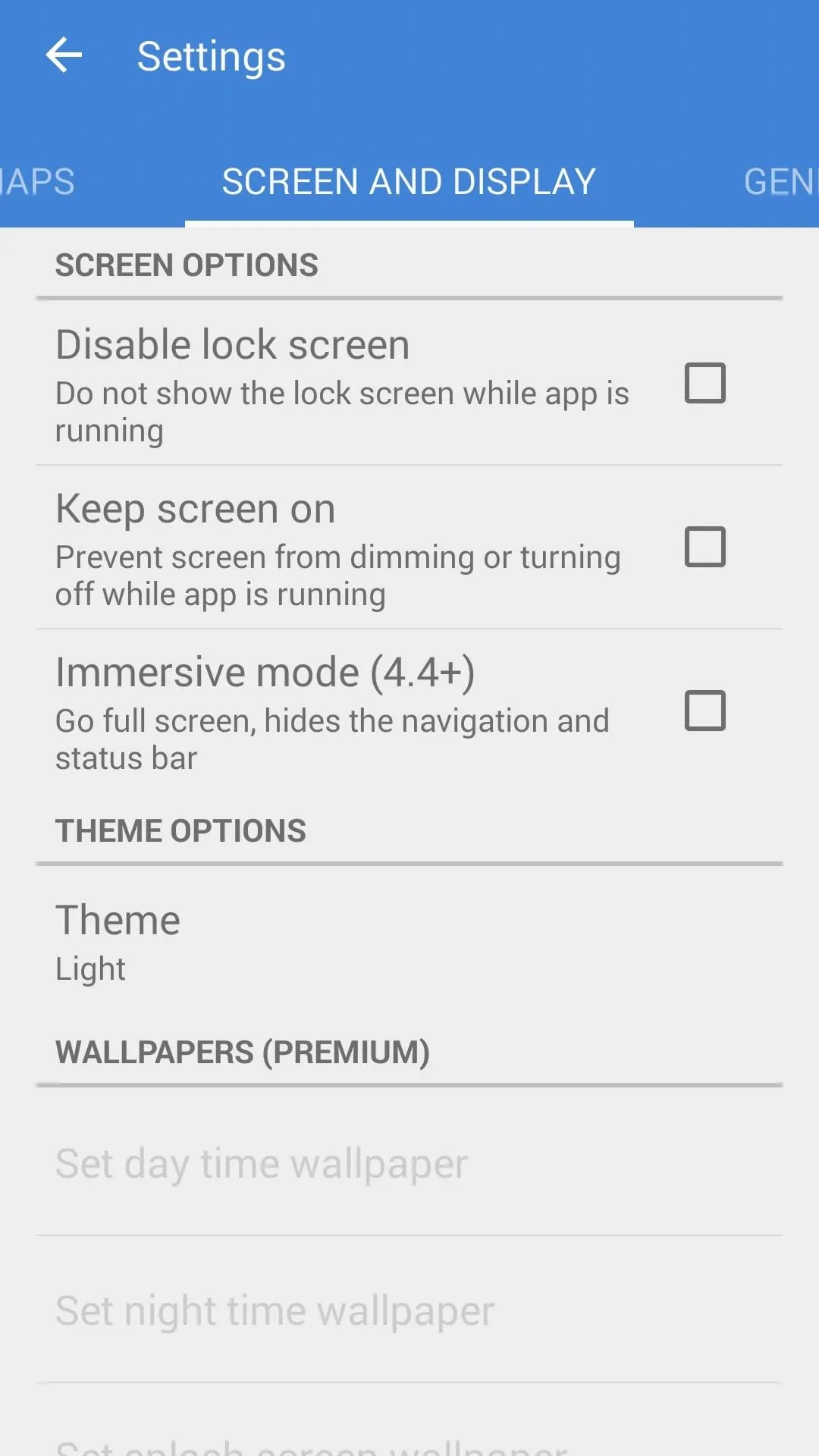 Settings menu for screen and display options on a mobile device.