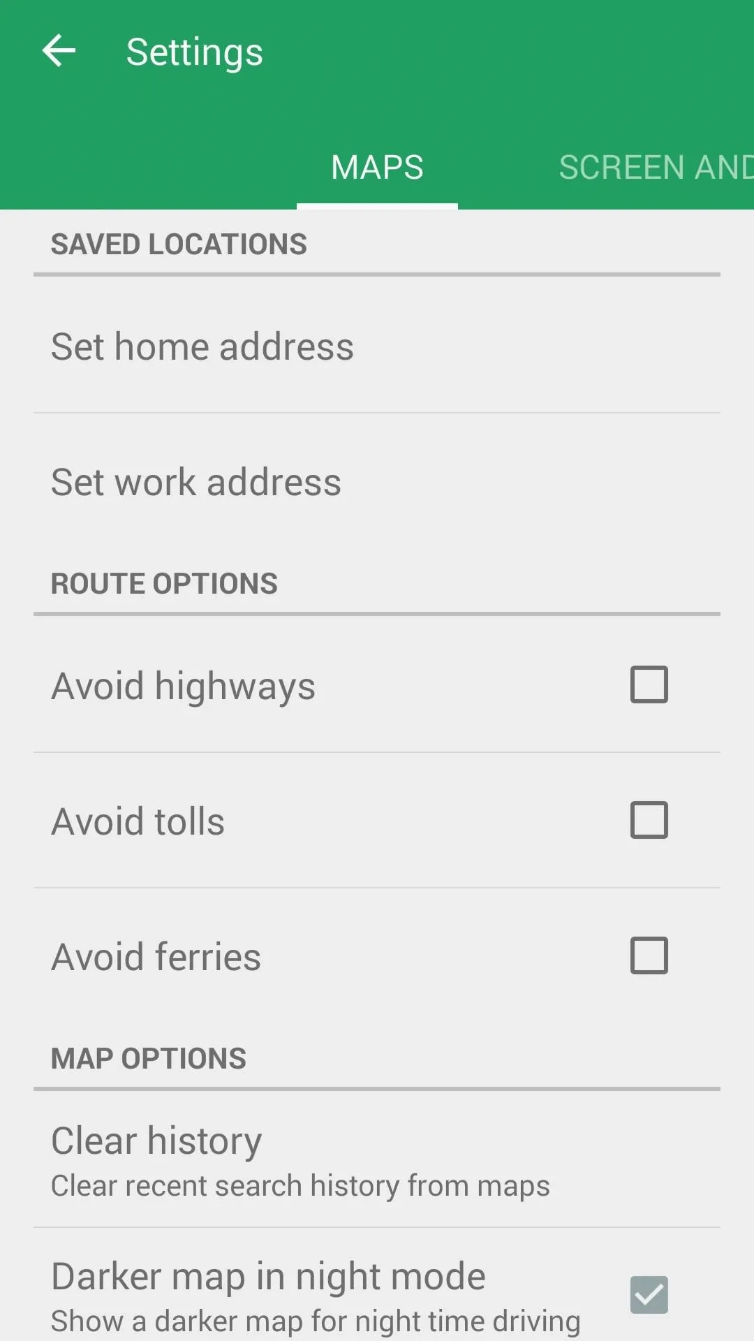 Settings menu for navigation app, including options for work address, route preferences, and history clearing.