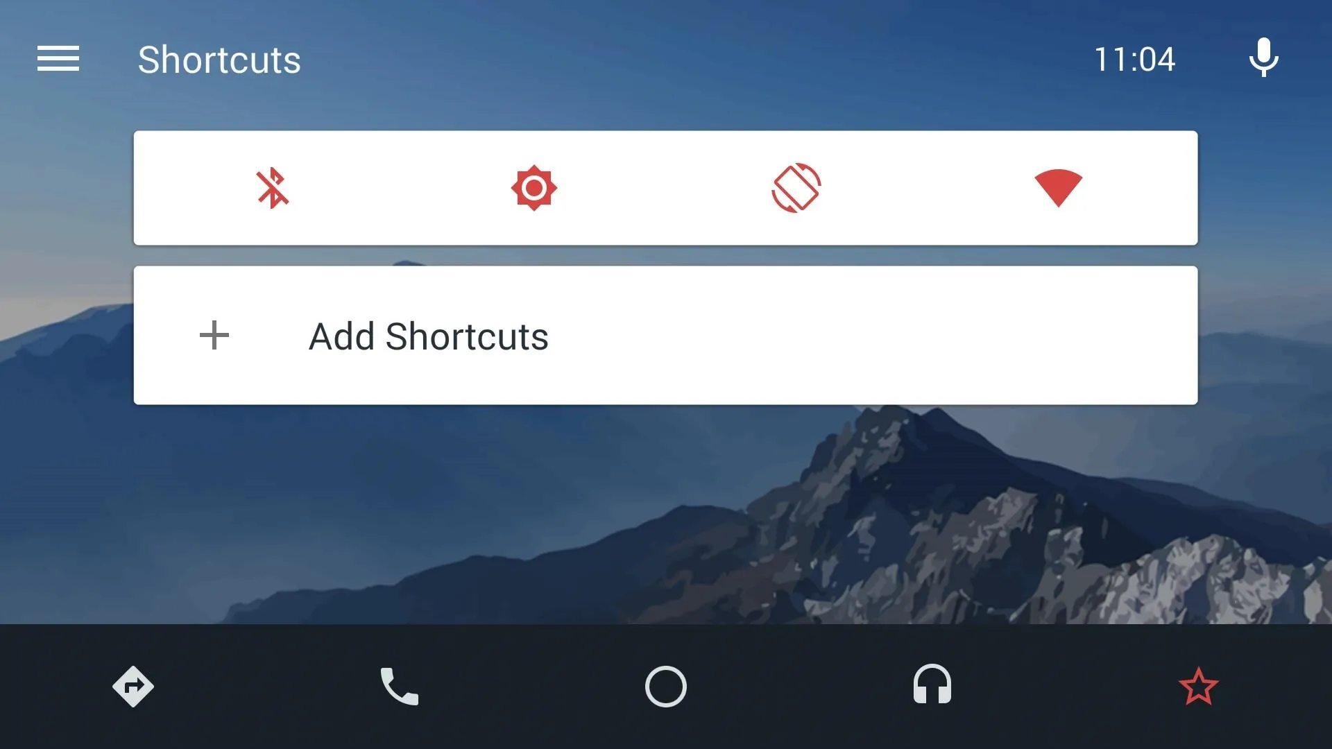 Mobile interface displaying shortcut options and settings.