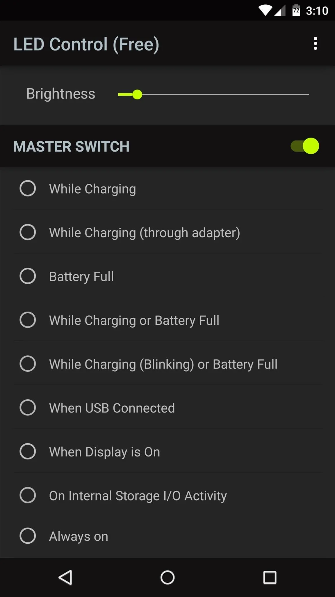 LED Control App Screen with Brightness and Charging Options