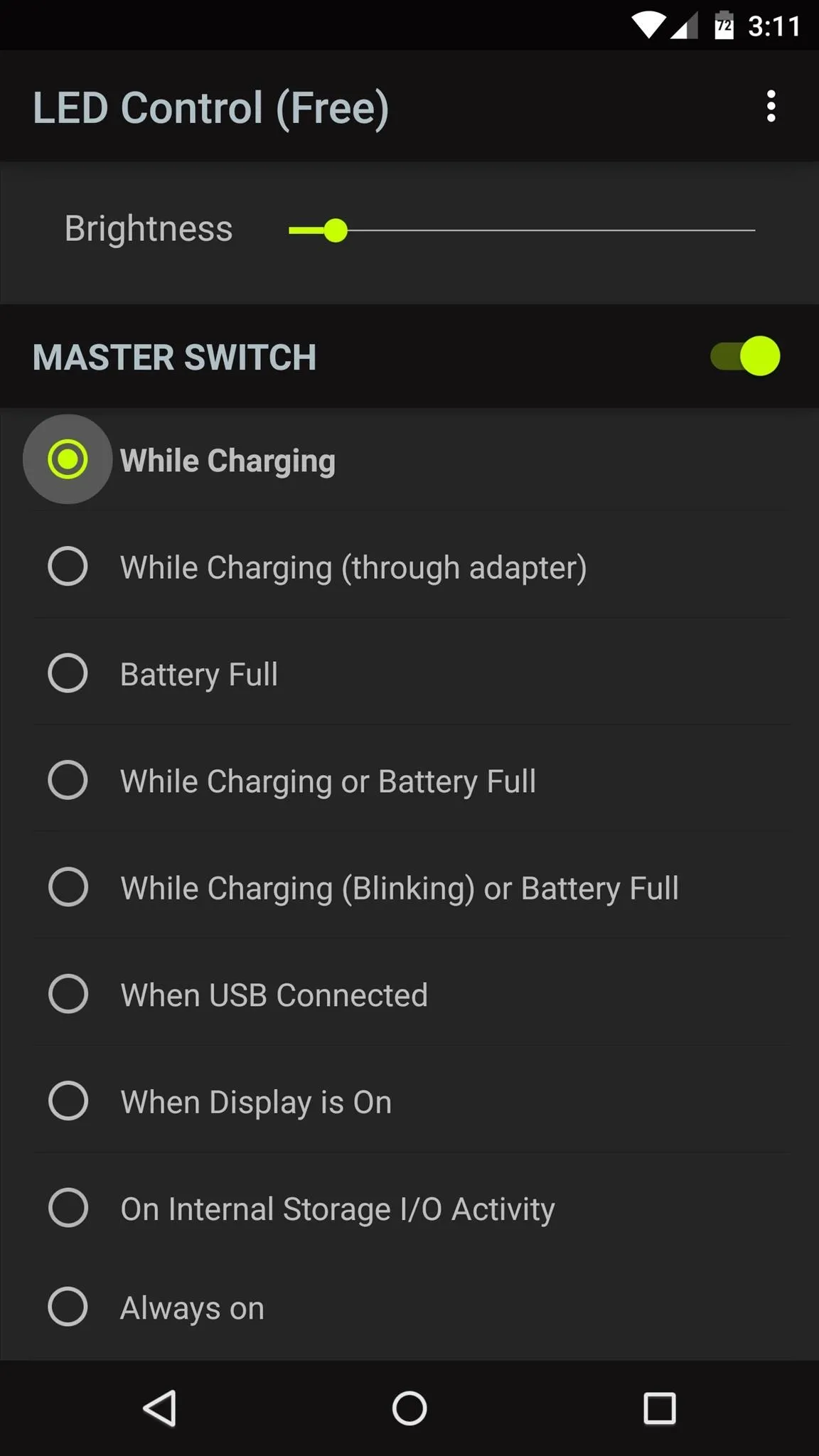 LED control settings for battery charging indicators on a mobile device.