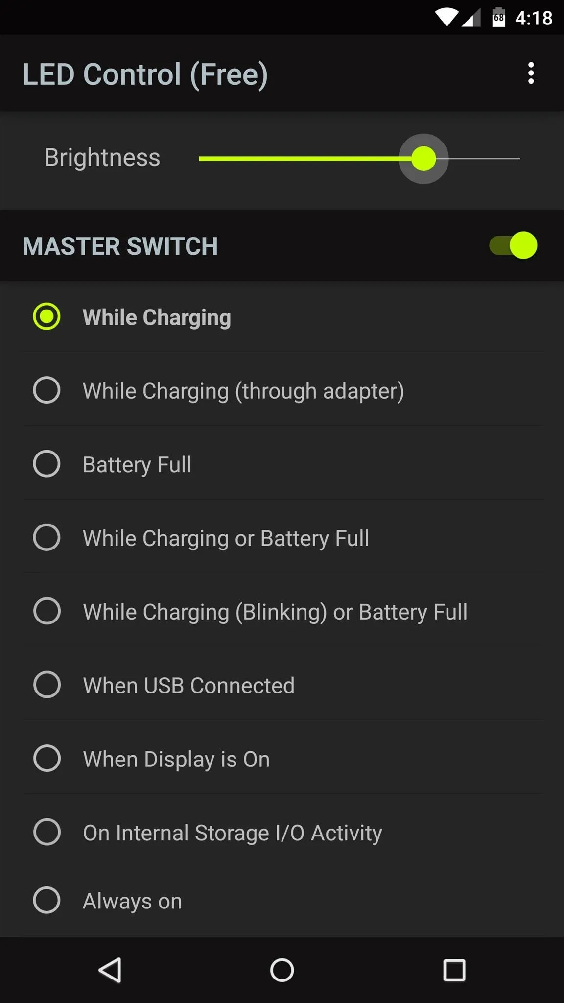 LED control app interface showing brightness adjustment and charging states options.