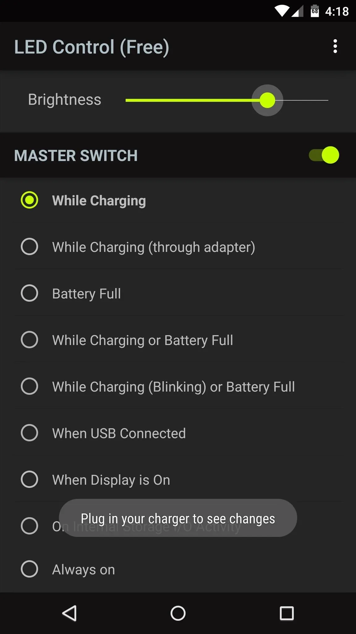 LED control app interface with brightness adjustment and options for LED changing states.