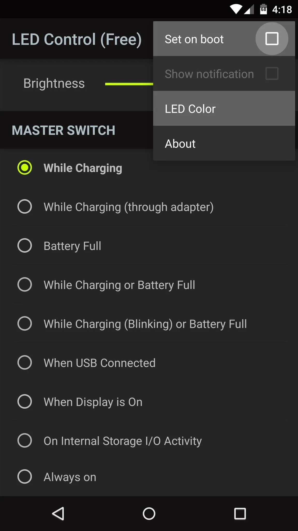 LED control settings on a mobile device.