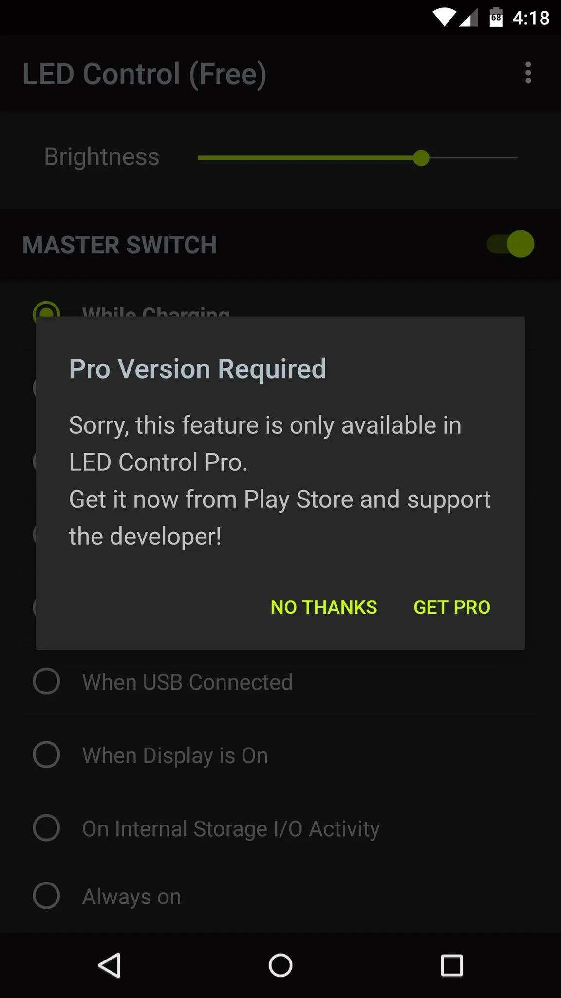 Pro version notification for an app with feature restrictions.