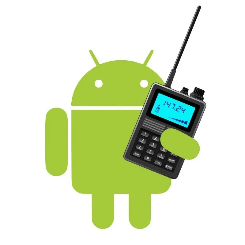 Android robot holding a handheld radio.