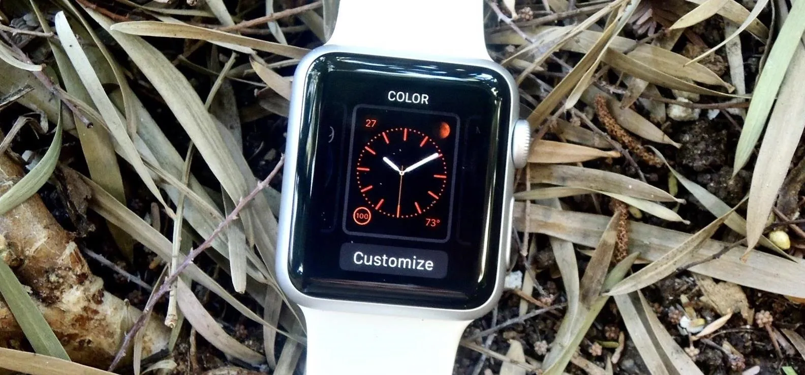 Smartwatch displaying time on a bed of grass.