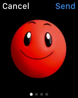 Red smiling emoji with large eyes on a black background.