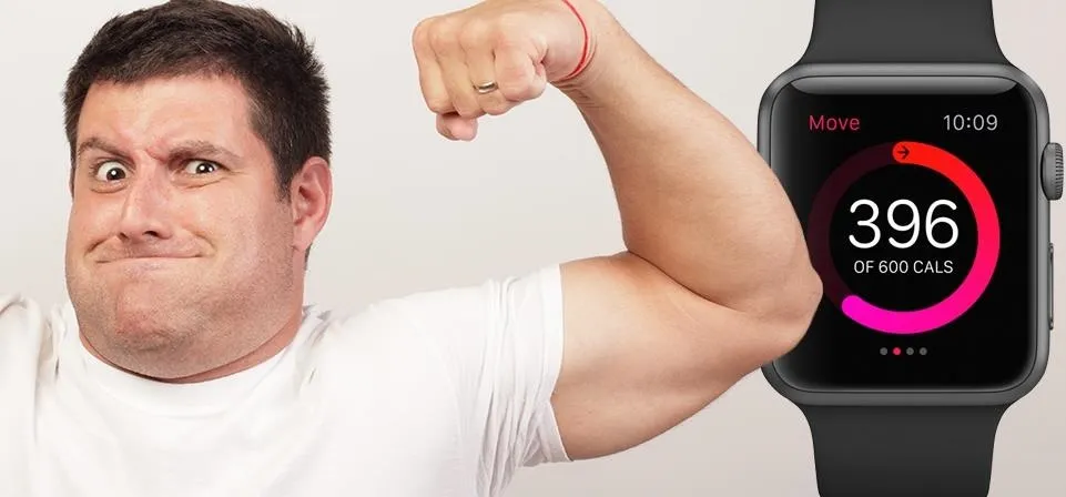 Man flexing muscles next to a fitness smartwatch displaying calorie count.