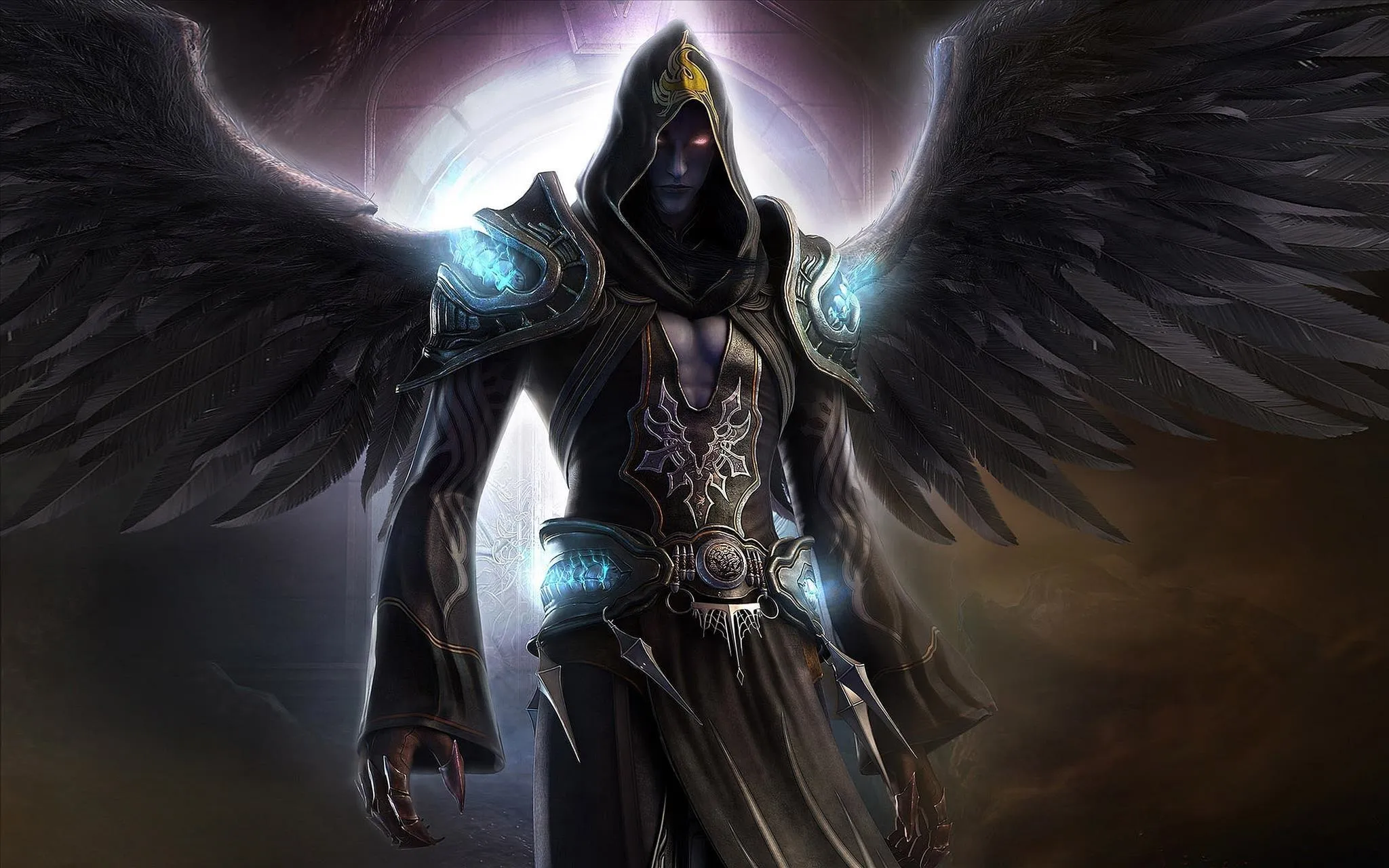 Fantasy character with dark wings and a hooded cloak, set against a mystical background.