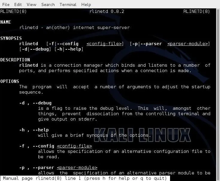 Kali Linux terminal window displaying the rlinetd command with its description and usage options.