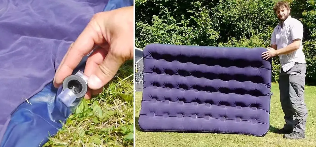 Inflatable air mattress in use outdoors.