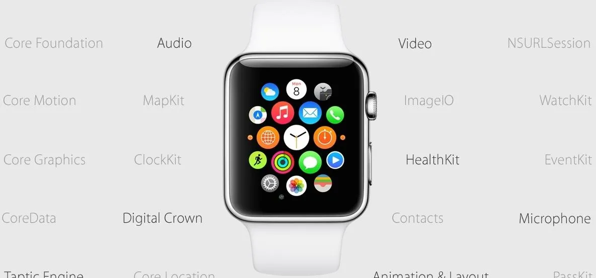 Smartwatch user interface displaying various app icons.