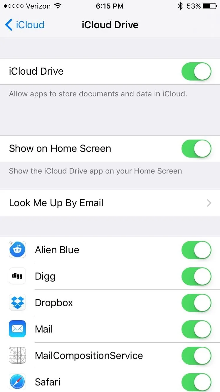 iCloud Drive settings on a mobile device with options for email and cloud services.