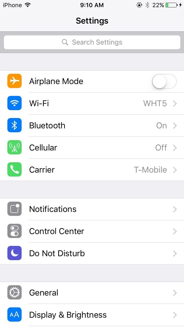 iPhone settings menu displaying options for Airplane Mode, Wi-Fi, Bluetooth, Cellular, and more.