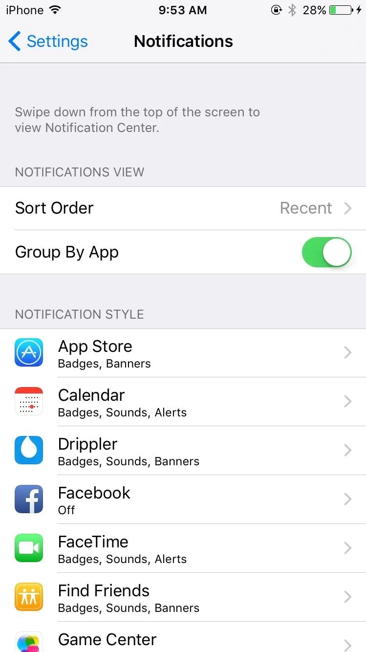 Settings screen showing notification preferences on a mobile device, including options for sorting by app.