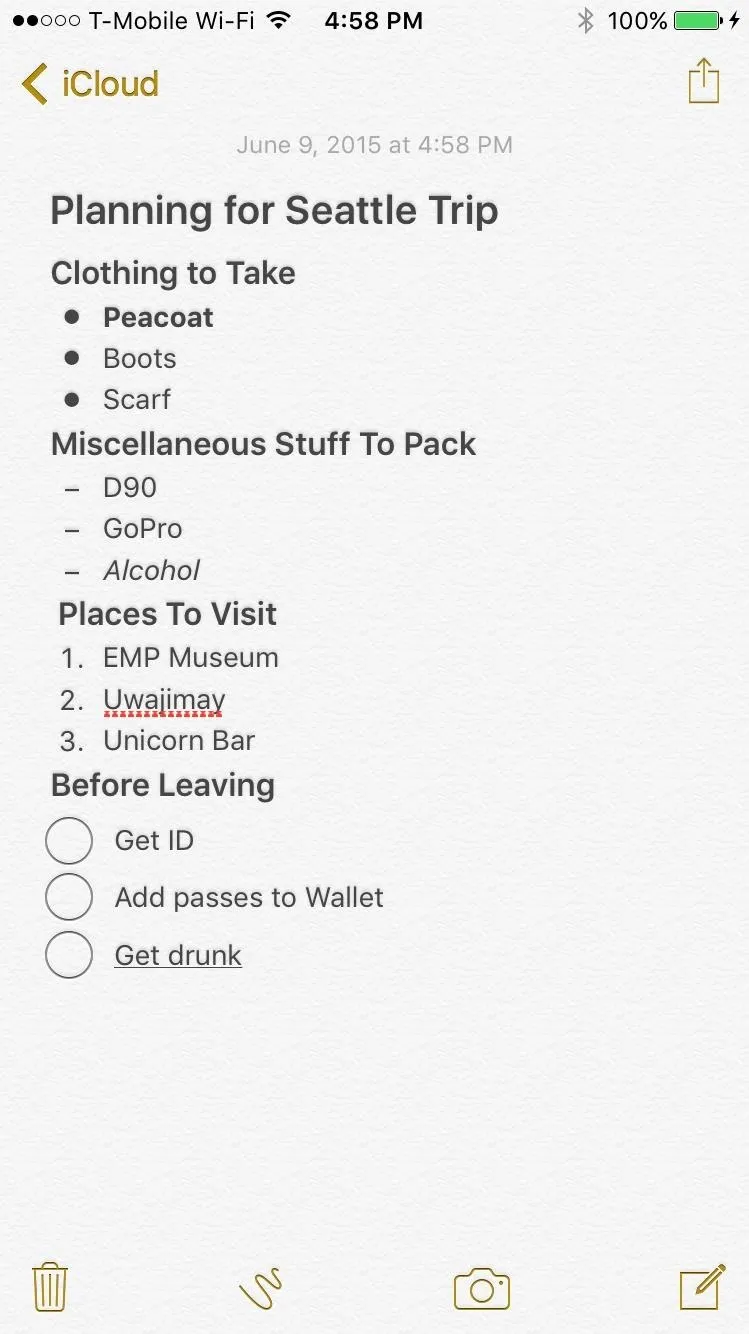 Planning notes for a Seattle trip, including items to pack and places to visit.