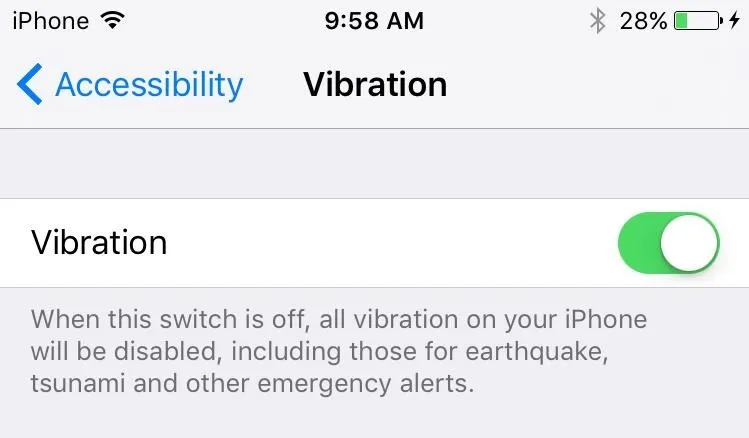 iPhone vibration settings with the switch enabled for emergency alerts.