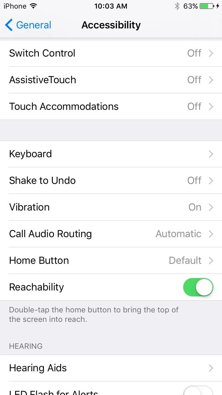 Accessibility settings menu on a smartphone.