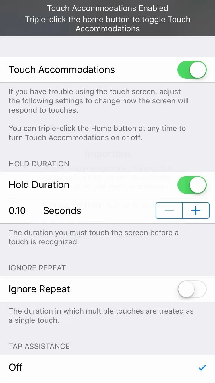 Settings menu for touch accommodations in English accessibility options.