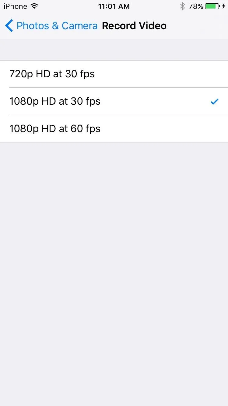 Settings for recording video in different resolutions on a smartphone.