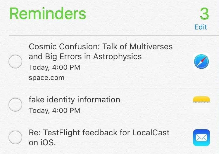 Reminder list with items about astrophysics, identity information, and app feedback.