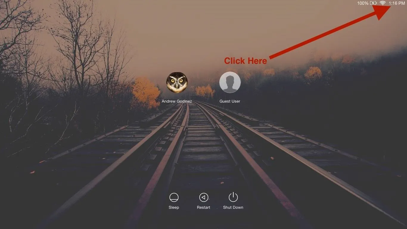 Login screen with clickable prompt over a railway track background.