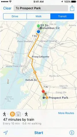 Train route map to Prospect Park, highlighting travel time and directions.