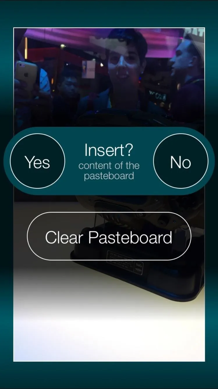 User interface displaying options: "Insert?" with "Yes" and "No" buttons, and "Clear Pasteboard" option.