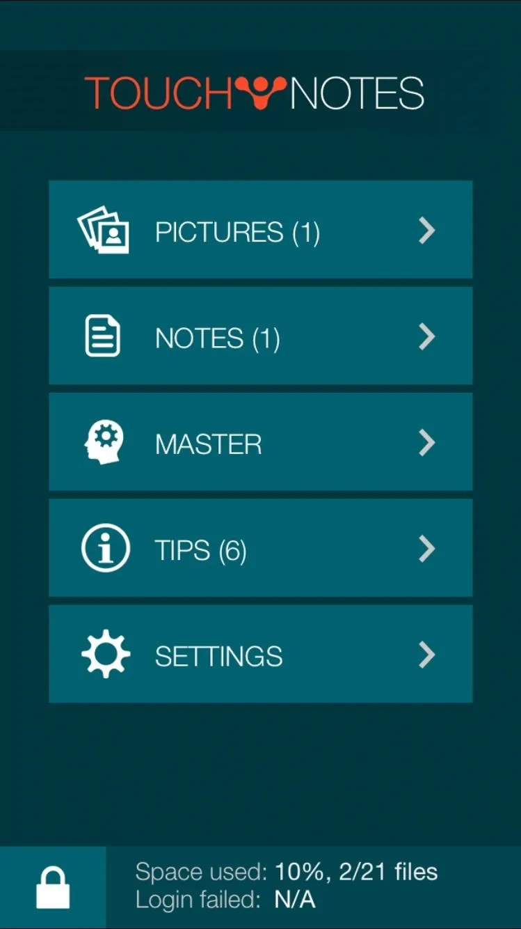 TouchNotes mobile app interface showcasing menu options: Pictures, Notes, Master, Tips, and Settings.