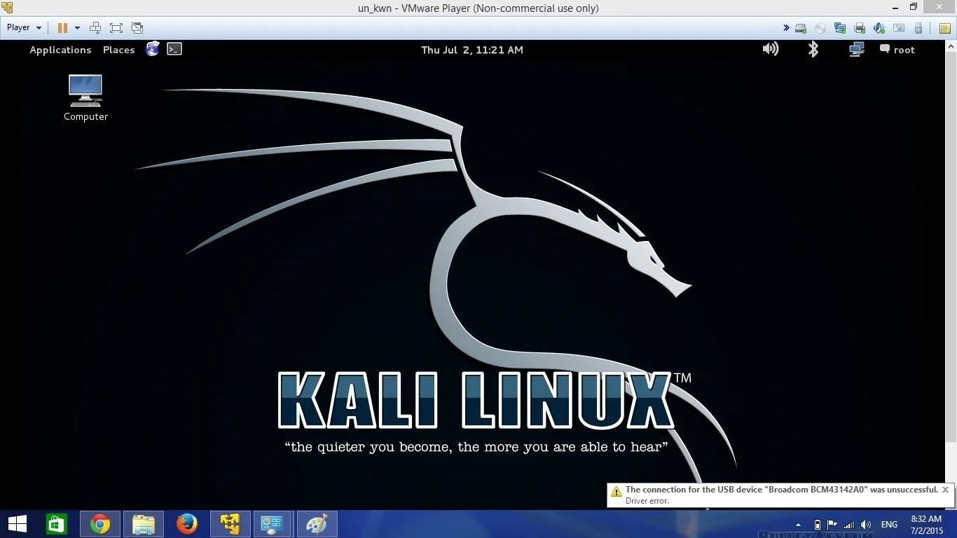Kali Linux desktop interface with a dragon logo on a black background.