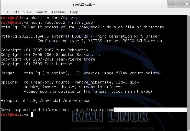 Kali Linux terminal displaying error messages and configuration details for NTFS-3G driver.